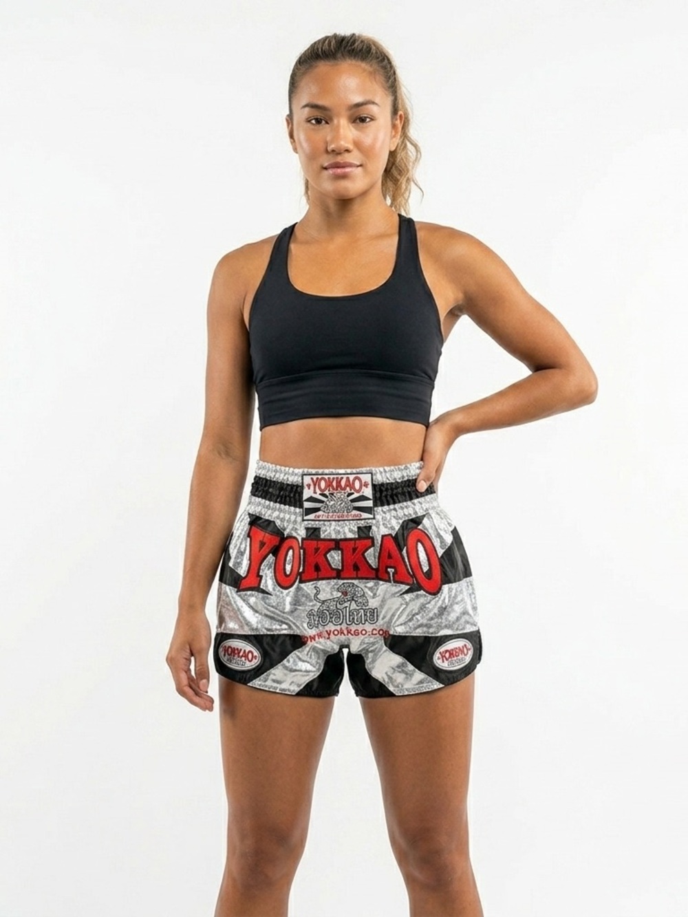 Yokkao Muay Thai Boxing Shorts Metallic Satin Black Silver Red Small
